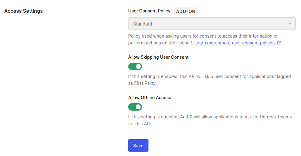 The "Access Settings" section showing "Allow Offline Access" turned on and the "Save" button